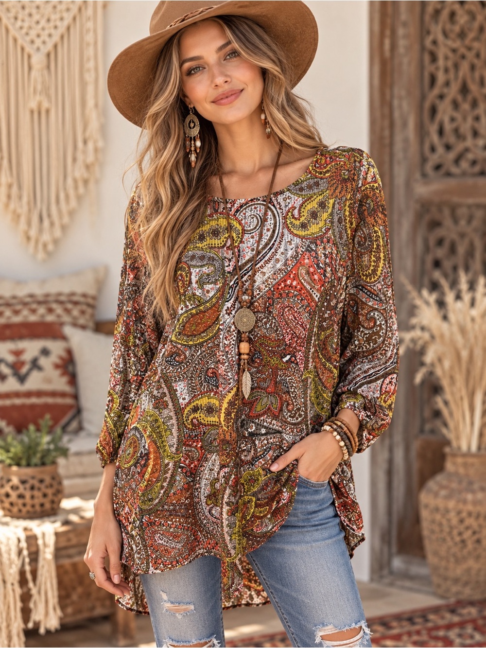 New Directions Women’s Large Boho Paisley Embellished Tunic Top 3/4 Sleeve